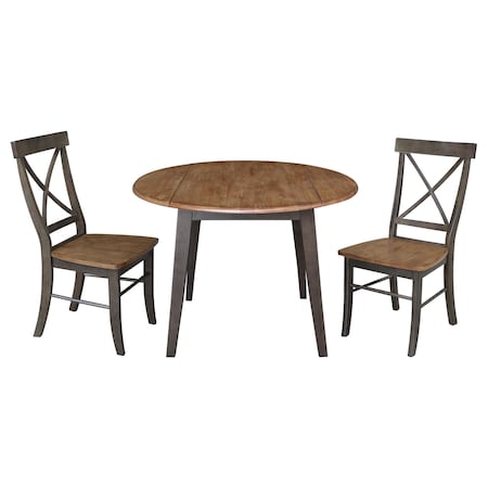 International Concepts 42 in. Solid Wood Round Dual Drop Leaf Dining Table with 2 Chairs in Hickory/Washed Coal K45-42DL-C613-2